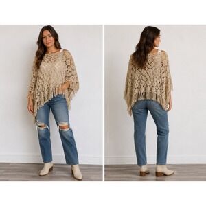 FRANGI‎ Made in Italy Beige Crochet Fringe Poncho Shawl Boho One Size Layering